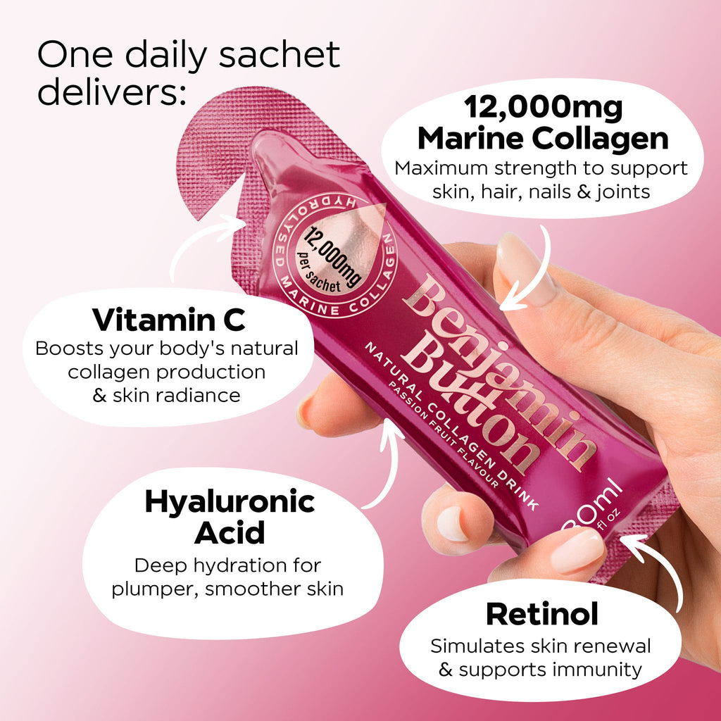 Benjamin Button 12,000mg Marine Collagen Drink - Passionfruit Liquid Sachets - 14 Sachets - Menopause Support