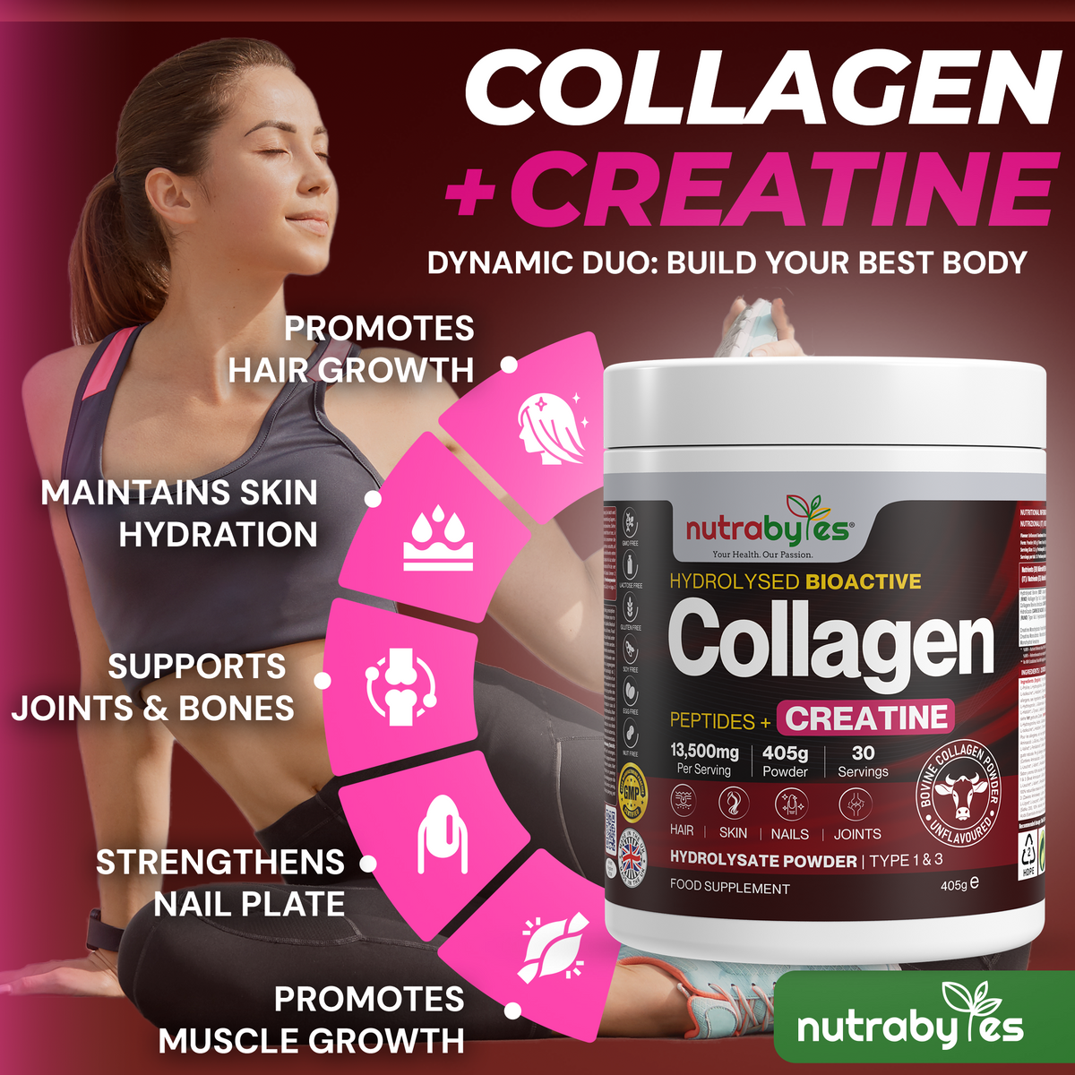 Collagen Powder with Creatine Monohydrate | Unflavoured | 405g | Made in UK