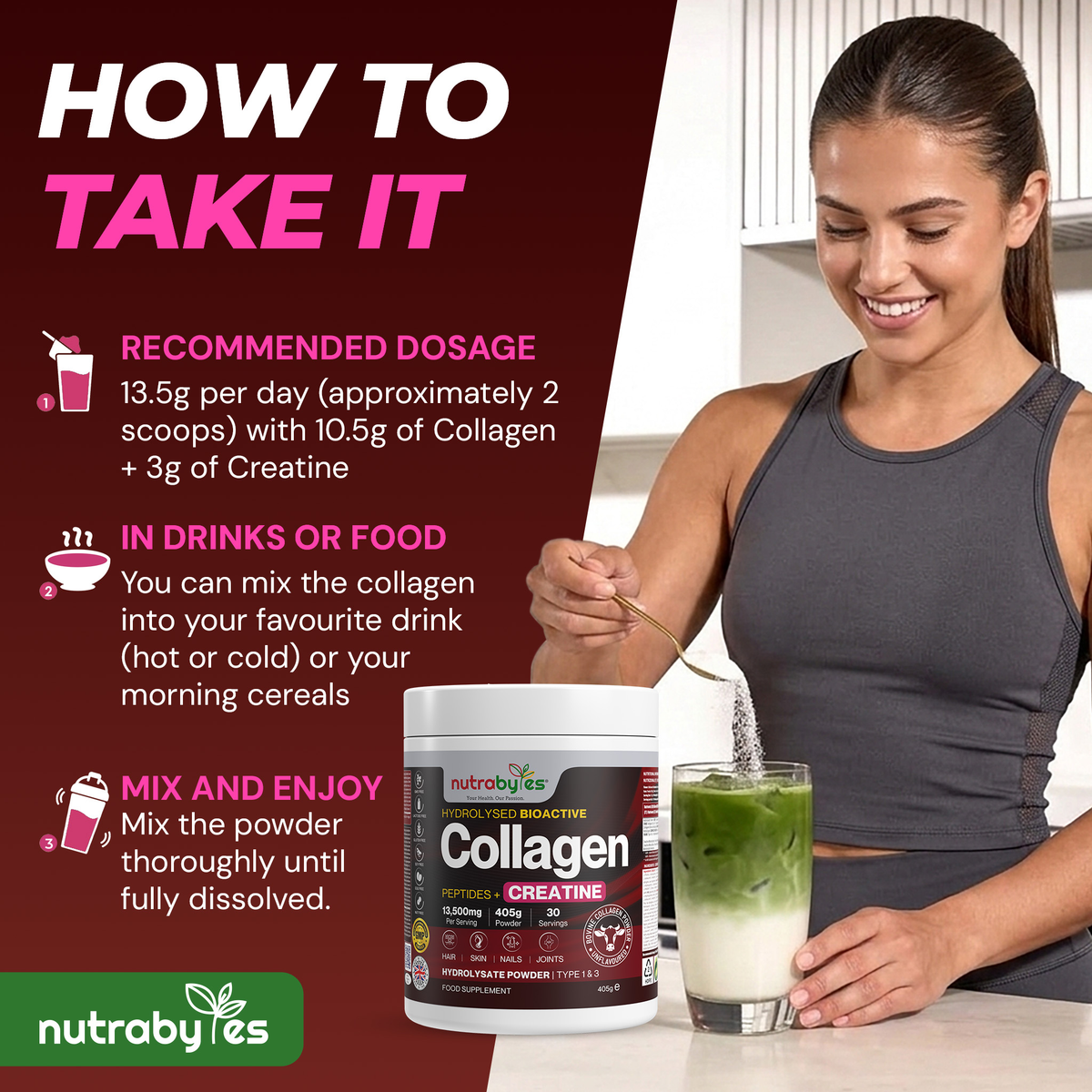Collagen Powder with Creatine Monohydrate | Unflavoured | 405g | Made in UK