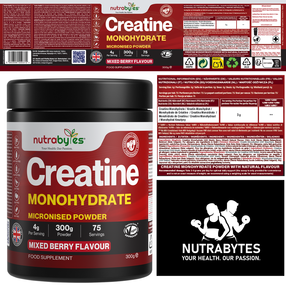 Creatine Monohydrate Powder | Micronised 200 Mesh | 300g | Mixed Berry Flavour | 4G Per Serving | Vegan Certified