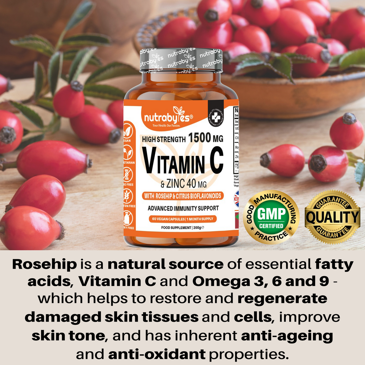 Vitamin C & Zinc, Rose Hip, Citrus Bioflavonoids, 60 Vegan Capsules (1 Month)