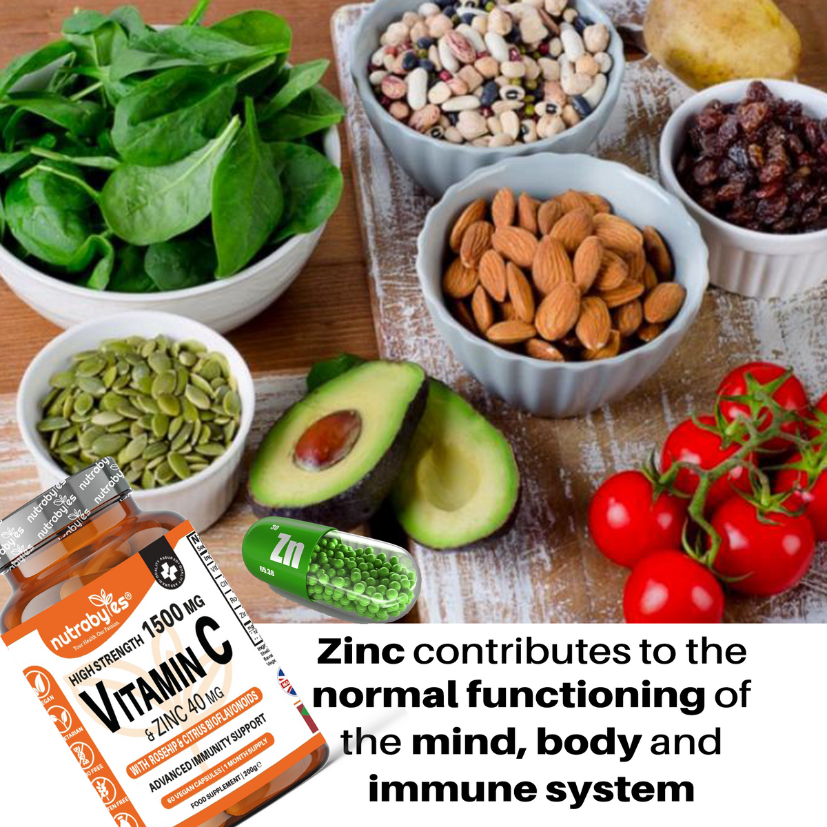 Vitamin C & Zinc, Rose Hip, Citrus Bioflavonoids, 60 Vegan Capsules (1 Month)