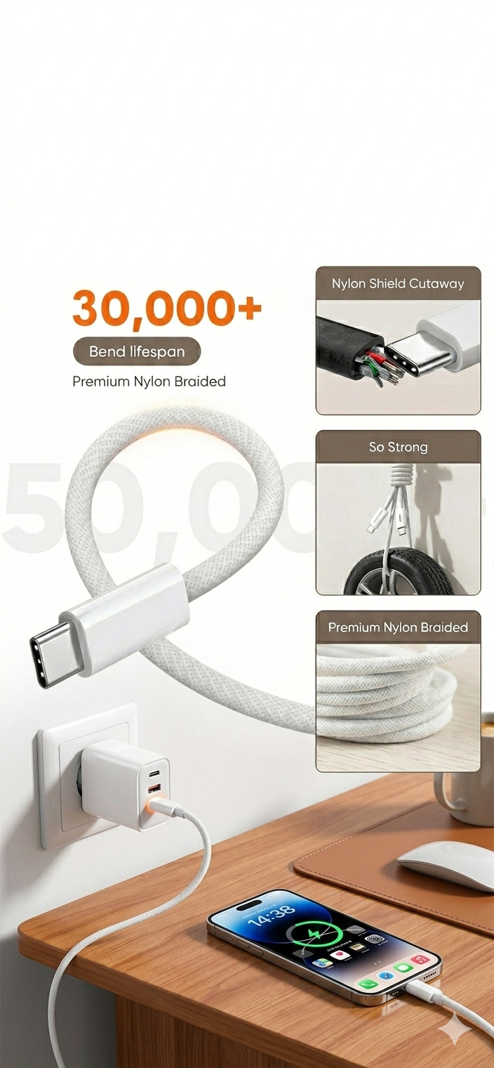 usb c fast charging cable 60 W 1M White