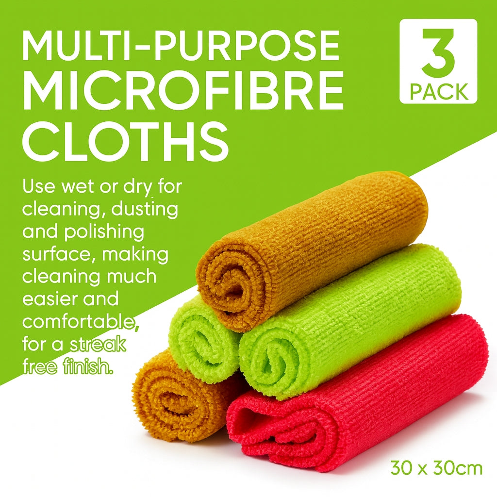 PACK OF 3 MICROFIBRE CLOTHS - SIZE 30 X 30 CM - CLEANING/DUSTING/POLISHING CLOTH